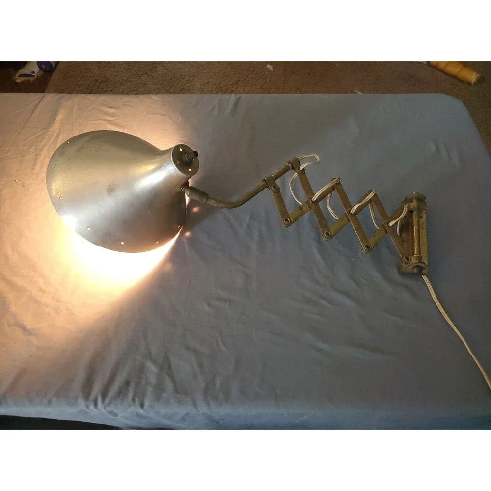 Vtg  MCM Industrial Brass Scissor Arm Star Cone Wall Lamp Extendable Sconce Work